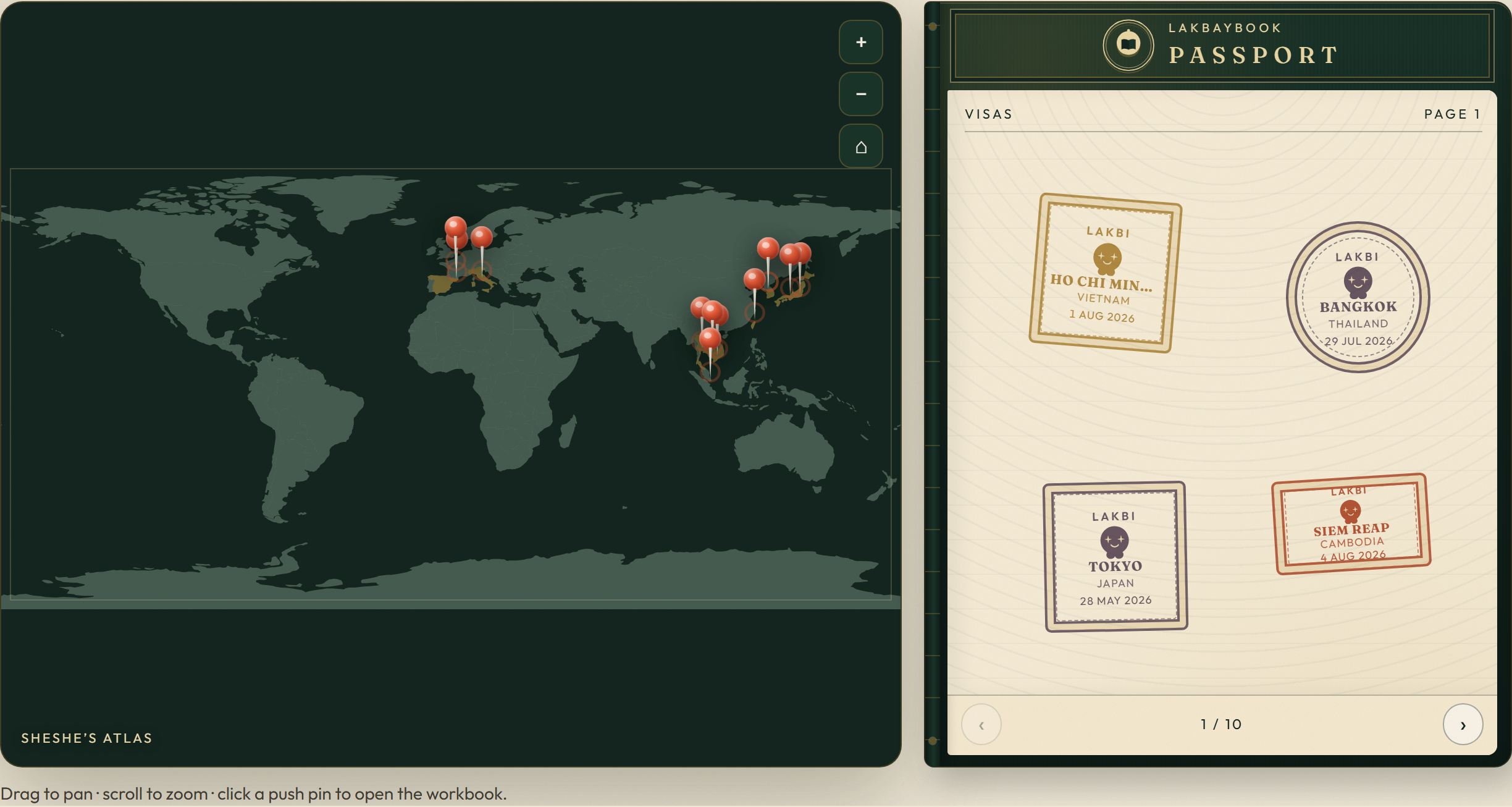 LakbayBook world atlas with push pins and a virtual passport of city stamps