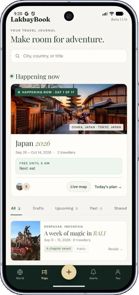 LakbayBook app: the Trips screen with a trip that is happening now, day 1 of 17, and the next stop